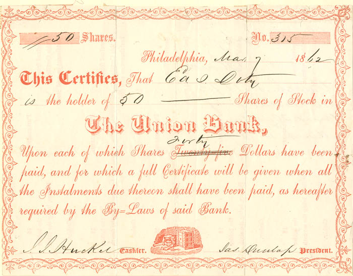 Union Bank - Stock Certificate